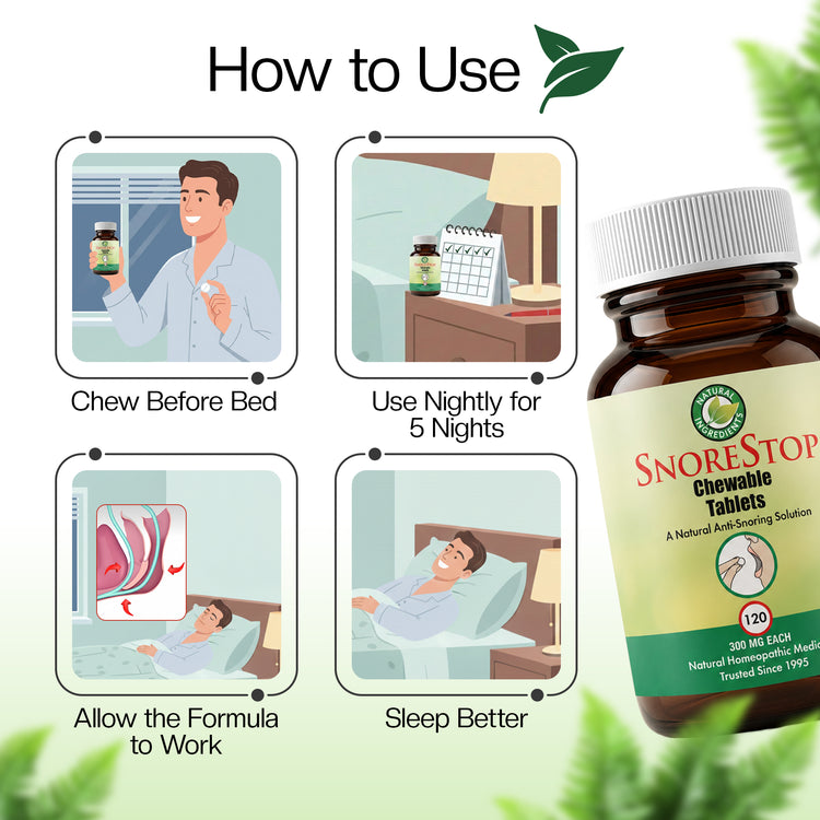 SnoreStop Chewable Tablets bottle shown next to a 'How to Use' infographic with four illustrated panels: chew before bed, use nightly for 5 nights, allow formula to work, and sleep better.