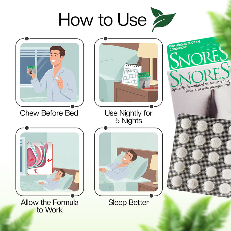 Instructions for using SnoreStop Anti-Snoring Multi Allergy Formula with tablet blister pack and lifestyle illustrations