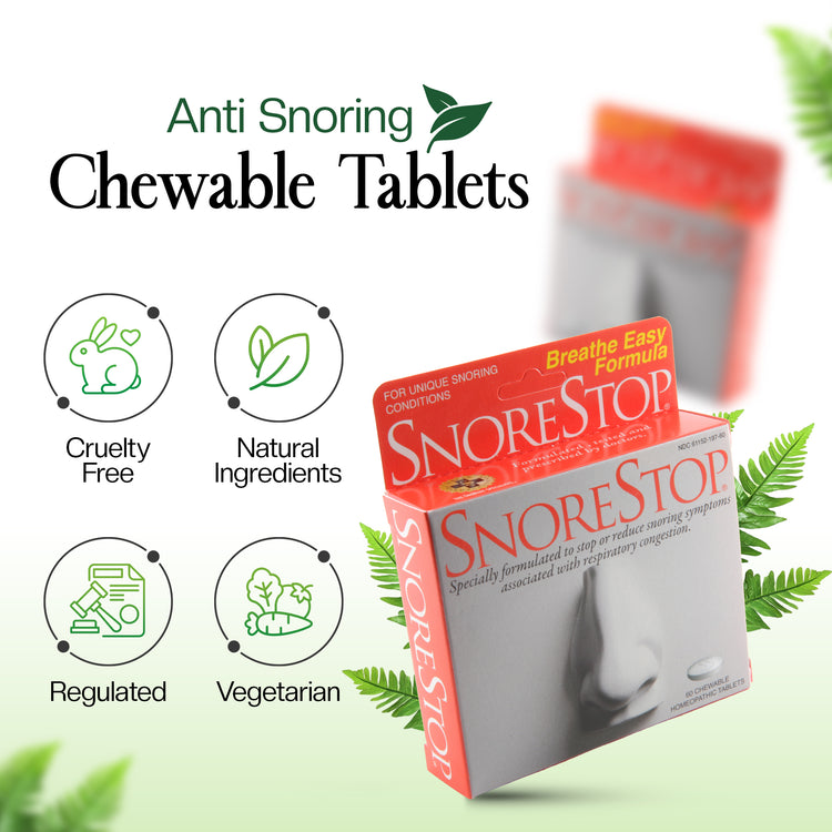 SnoreStop Breathe Easy Formula chewable tablets packaging emphasizing natural, cruelty-free, regulated, and vegetarian anti-snoring benefits