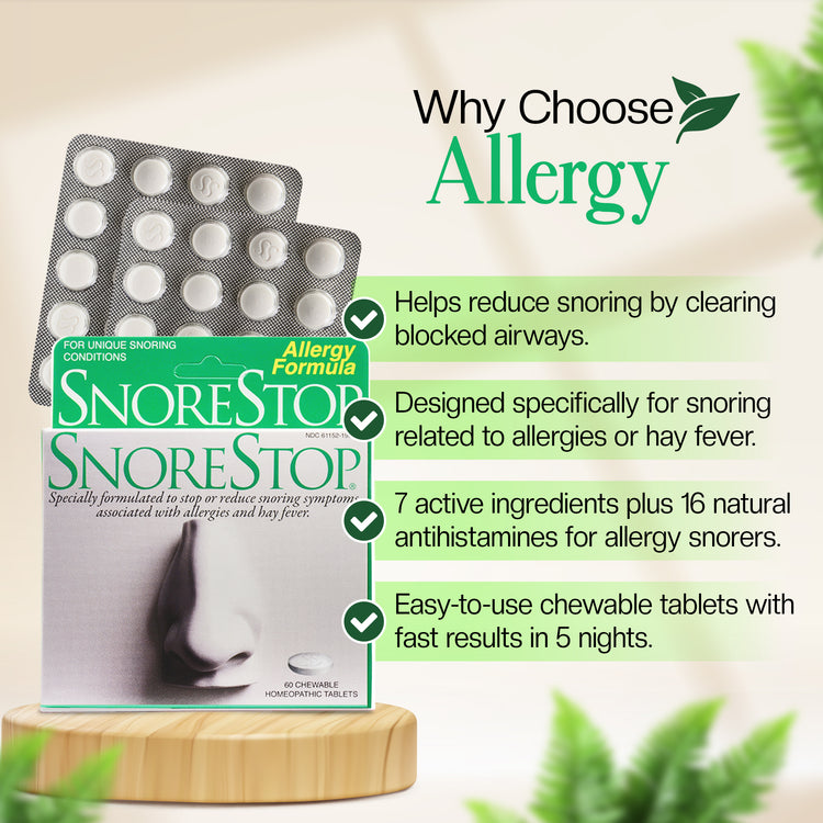 SnoreStop Allergy Formula chewable tablets packaging highlighting natural antihistamine ingredients for allergy-related snoring relief
