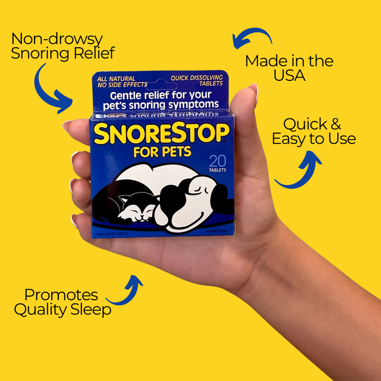 Hand holding SnoreStop for Pets box highlighting natural, non-drowsy, quick relief for pet snoring in the USA