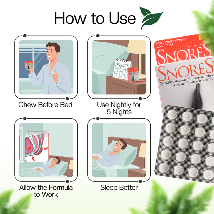 Illustration showing four-step usage guide for SnoreStop chewable tablets to reduce respiratory-related snoring.