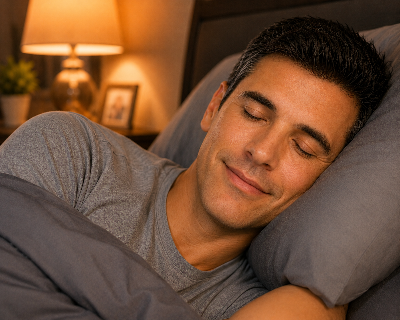 A man sleeping comfortably and smiling
