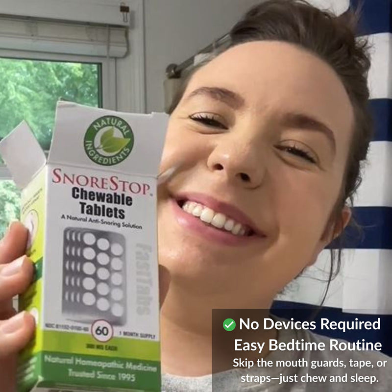 Smiling woman holding SnoreStop chewable tablets box highlighting natural, device-free anti-snoring relief at bedtime
