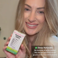 Woman holding SnoreStop chewable tablets box promoting natural snoring relief without soreness or sticky residue.