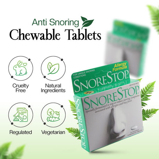 SnoreStop Allergy Formula chewable tablets packaging with icons for cruelty free, natural ingredients, regulated, and vegetarian benefits