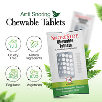 SnoreStop chewable tablets package with icons for cruelty free, natural ingredients, regulated, and vegetarian benefits