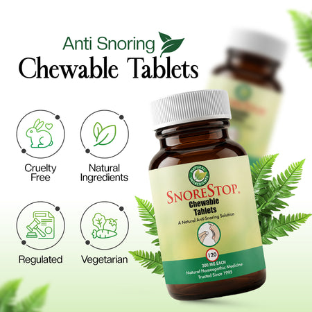 SnoreStop Chewable Tablets supplement bottle shown on a clean white background with green leaves and four feature icons for cruelty-free, natural ingredients, regulated, and vegetarian benefits.