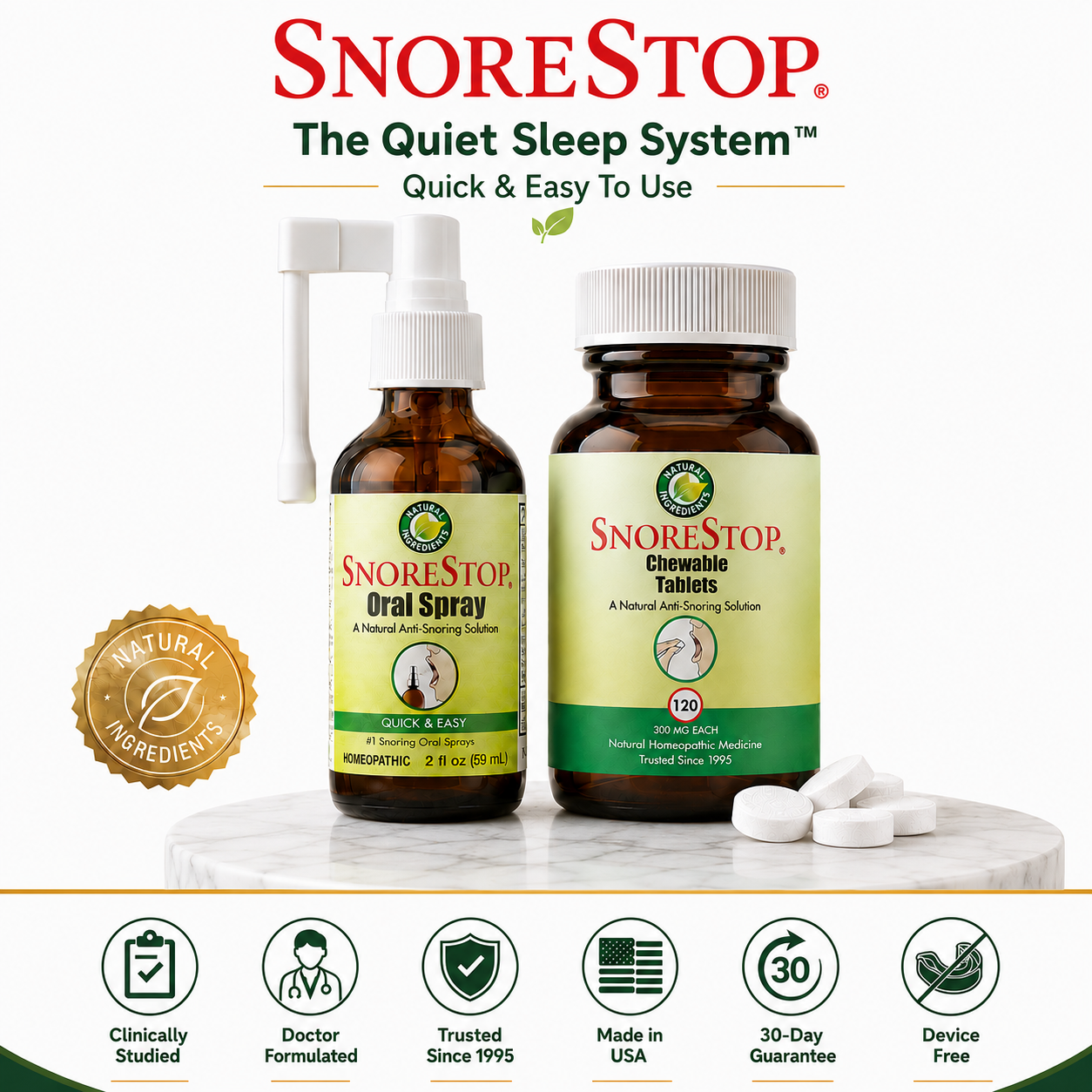 SnoreStop® The Quiet Sleep System™ — SnoreStop Oral Spray and Chewable Tablets bundle