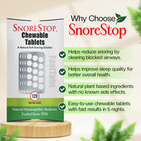 SnoreStop chewable tablets packaging with benefits like natural ingredients, fast results, and improved sleep quality