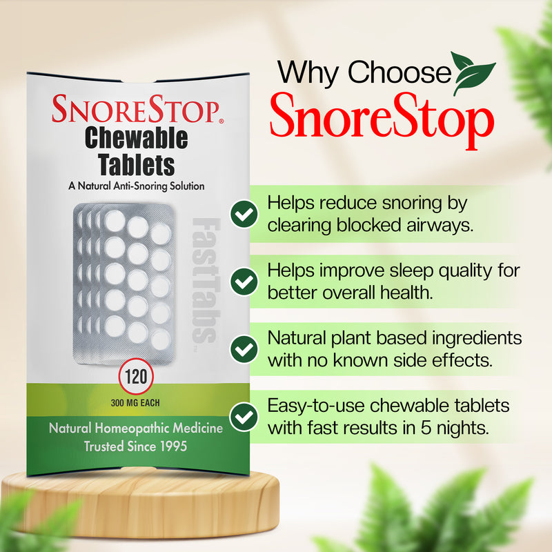 SnoreStop chewable tablets packaging with benefits like natural ingredients, fast results, and improved sleep quality