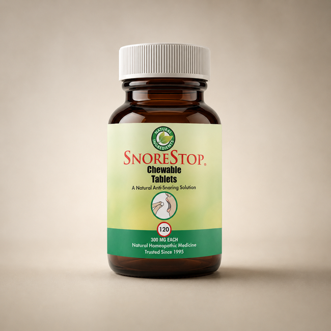 SnoreStop Chewable Tablets bottle and tablet