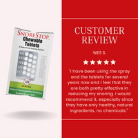 SnoreStop chewable tablets package alongside a five-star customer review praising natural, effective snoring relief.