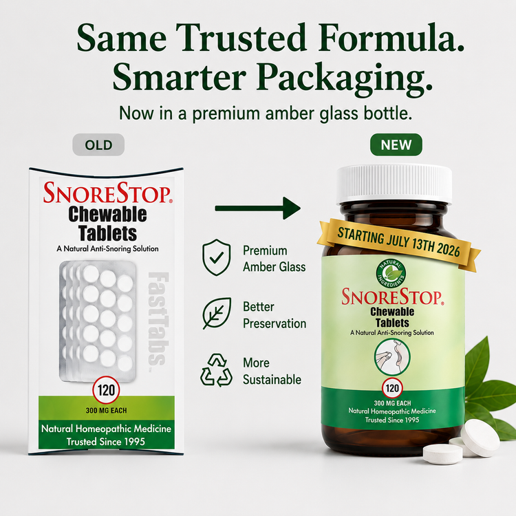 SnoreStop Chewable Tablets shown in a promotional comparison layout, with the old white box on the left and the new premium amber glass bottle on the right. Text at the top reads 'Same Trusted Formula.