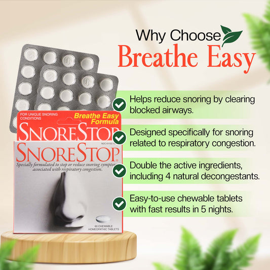 SnoreStop Breathe Easy Formula packaging with chewable tablets highlighting natural decongestant relief for snoring.