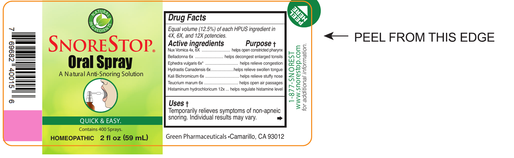 SnoreStop Oral Spray label showing the PEEL HERE tab