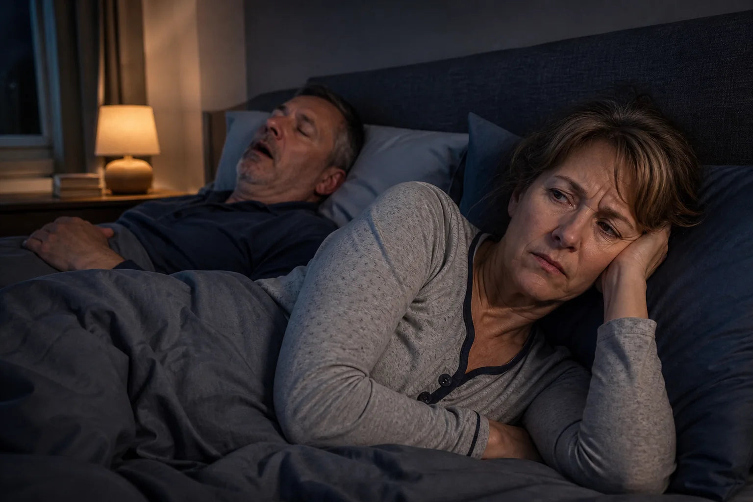 A couple experiencing a disrupted night of sleep
