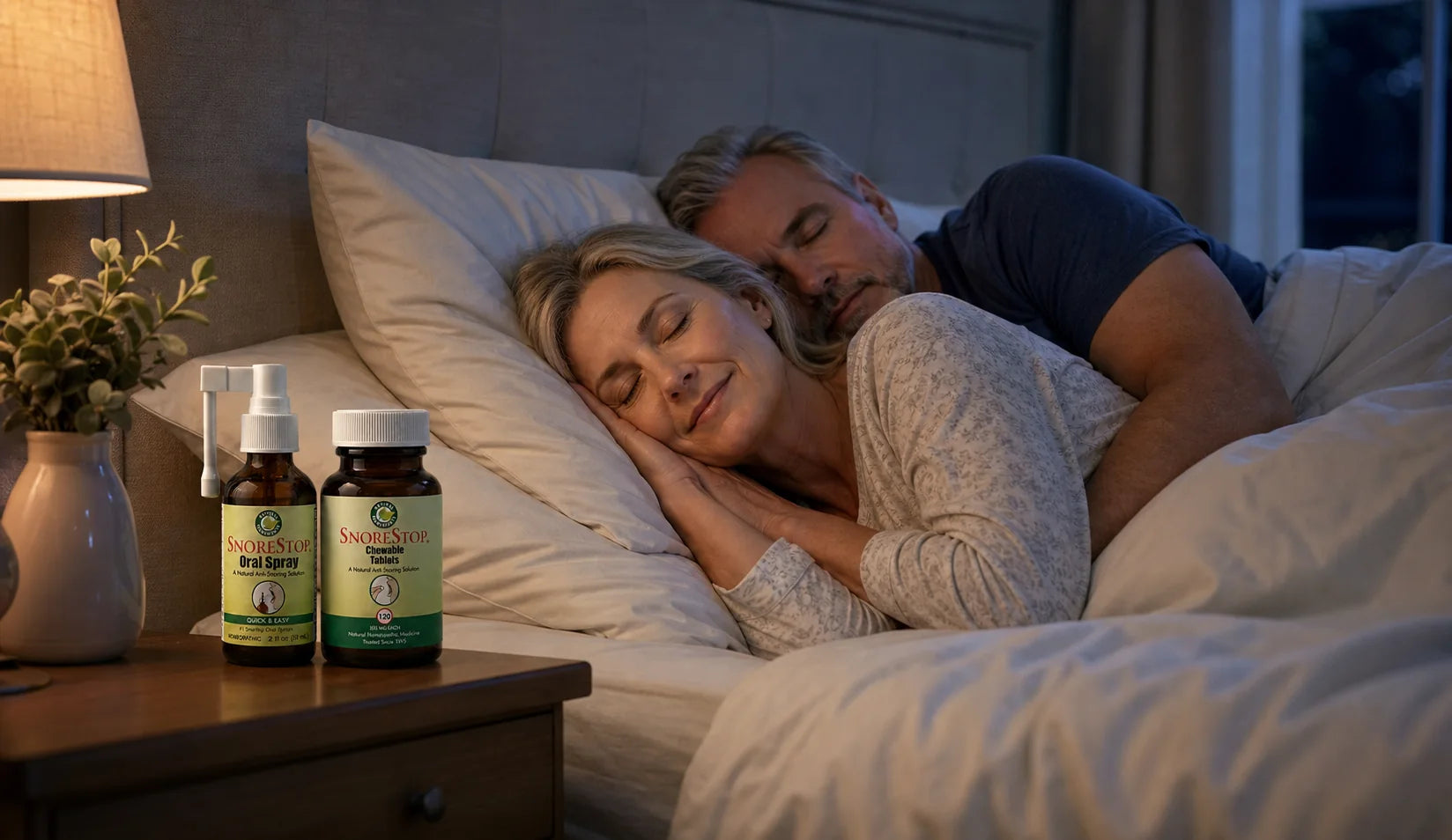 A couple enjoying a peaceful night's sleep with SnoreStop on the nightstand