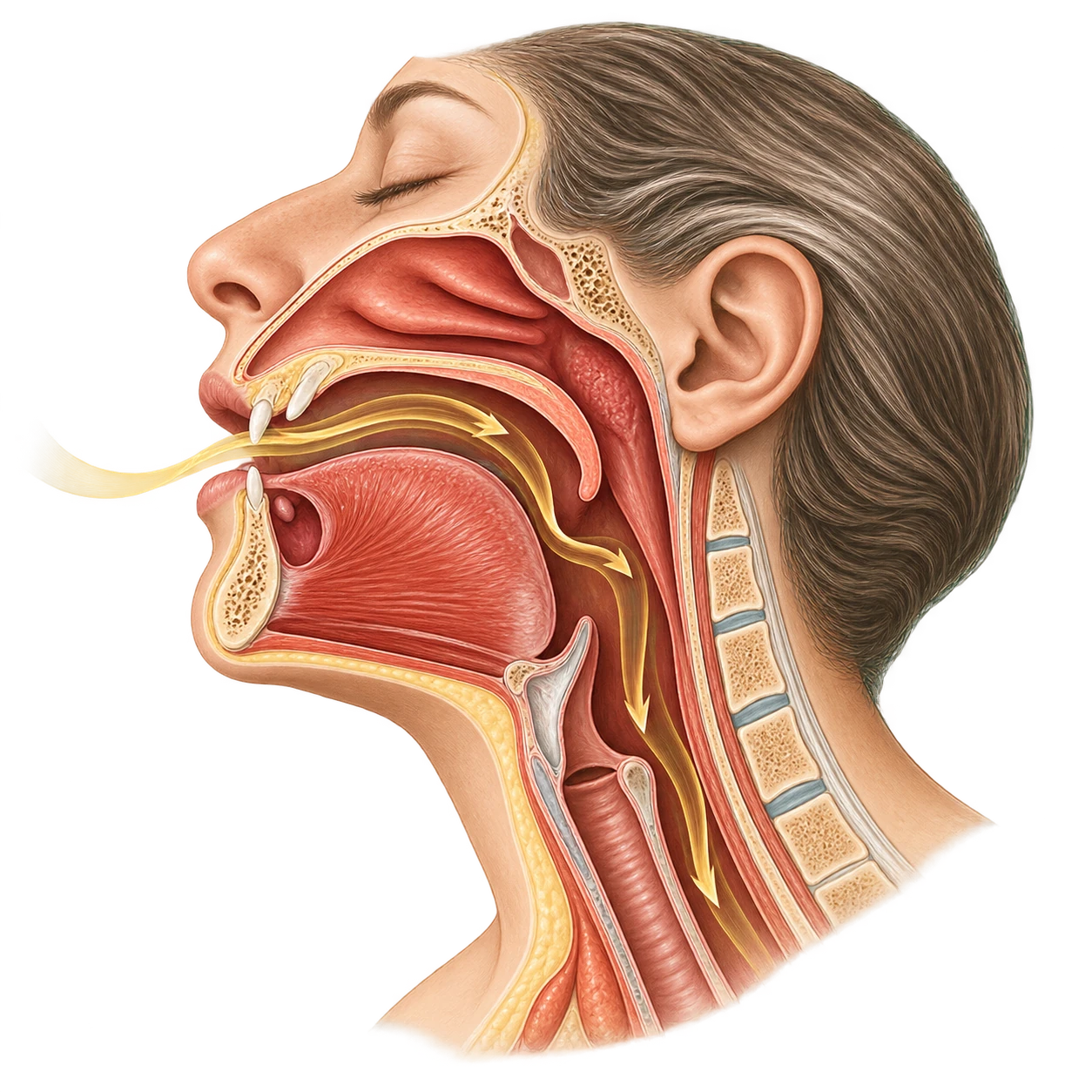 Anatomical illustration of the mouth, soft palate, and back of the throat